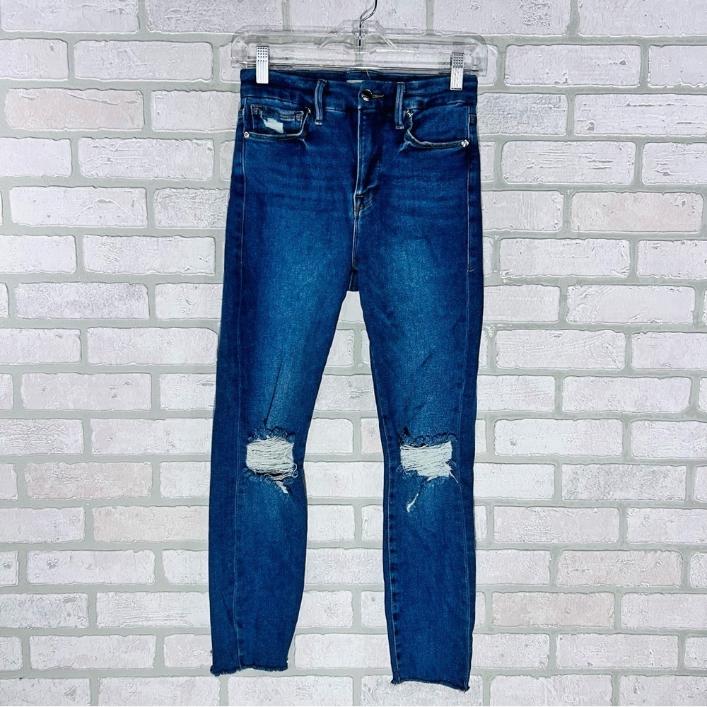 Good American Good Waist Crop Distressed Raw Hem Skinny Jeans Blue 533 Size 2/26 - Picture 6 of 9